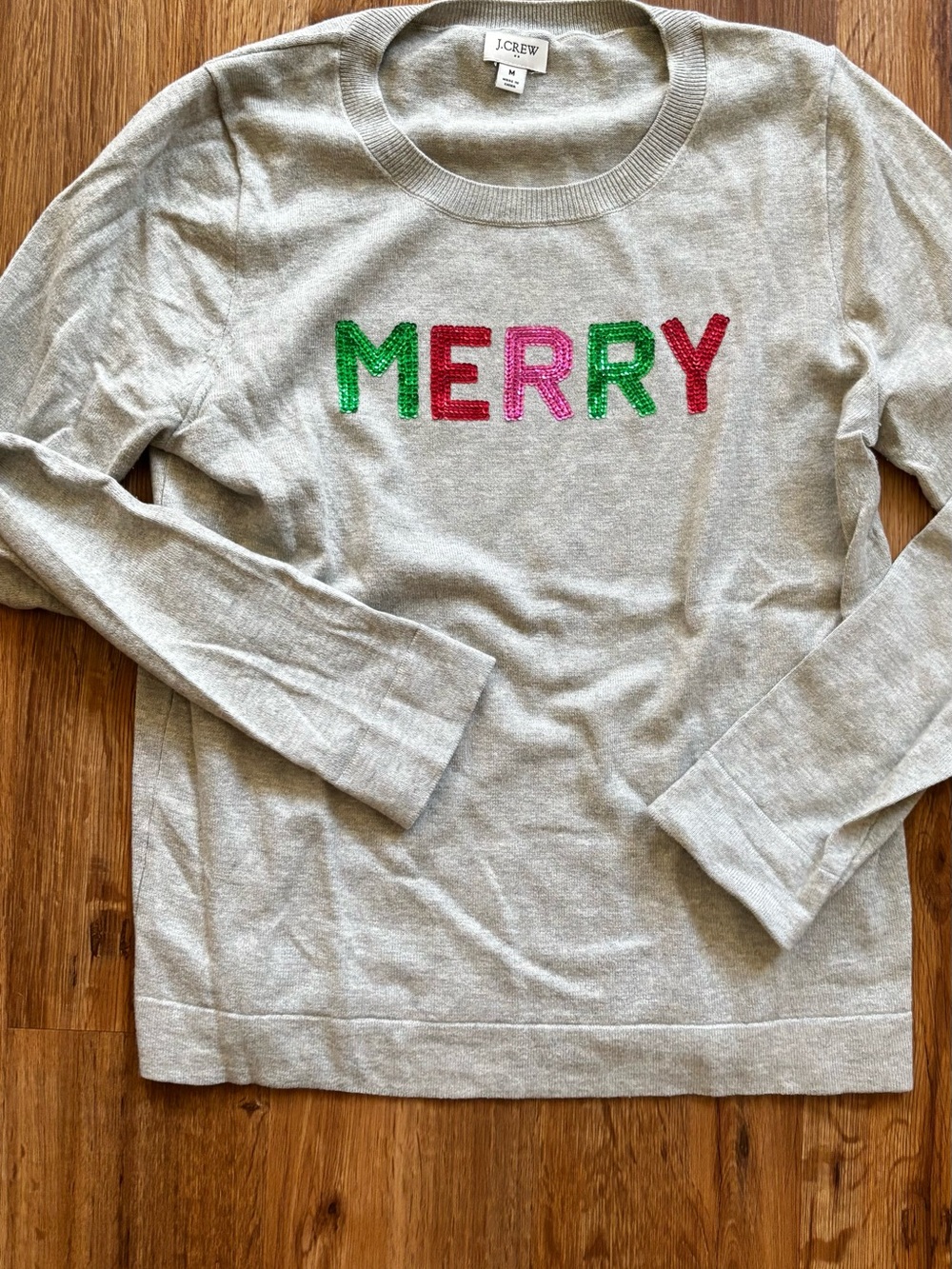 J. Crew Light Gray 'MERRY' Embroidered Crewneck Sweater